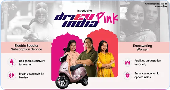 A woman standing next to a pink scooter.