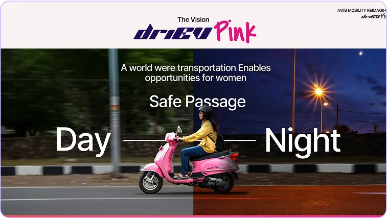 A woman riding a pink scooter down a street.